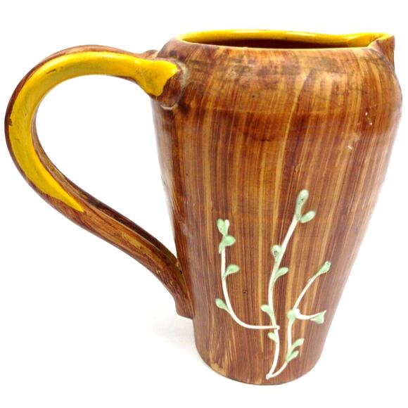 Italian Pottery Hand Painted Pitcher Raised Relief Flowers Brown Faux Wood - Picture 9 of 10